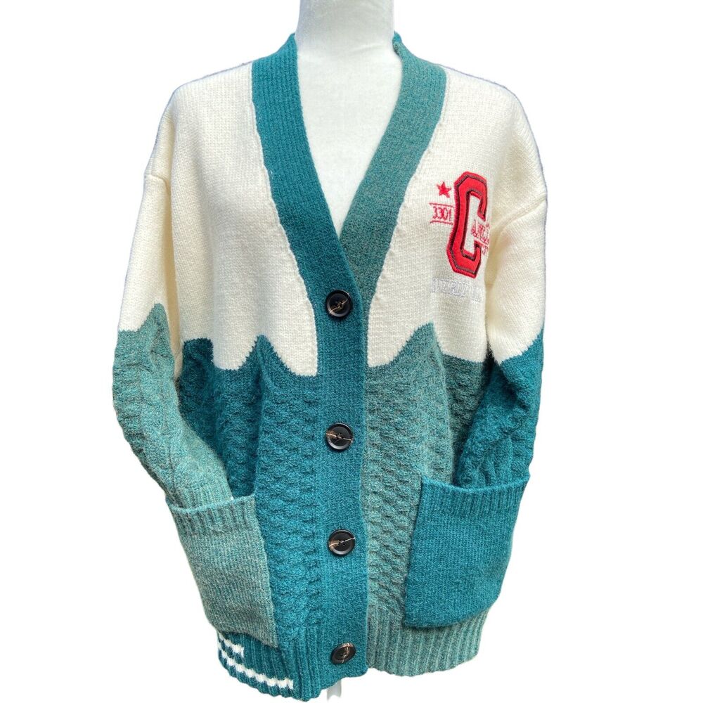 California‎ Cheerleader Chunky Cable Knit Cardigan Women's Embroidery One Size
